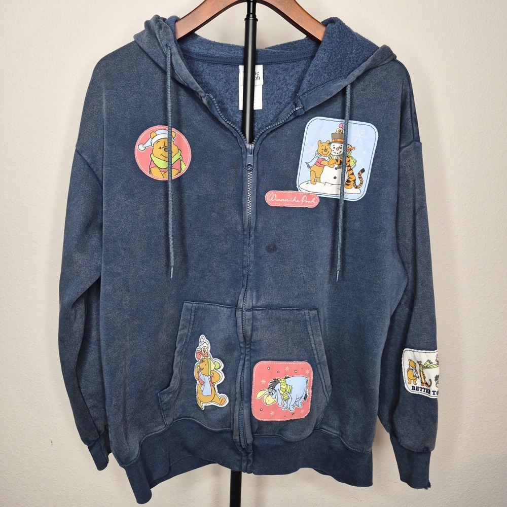 Disney Winnie the Pooh Navy Mineral Wash Zip Hoodie Patch Tigger Piglet Eeyore